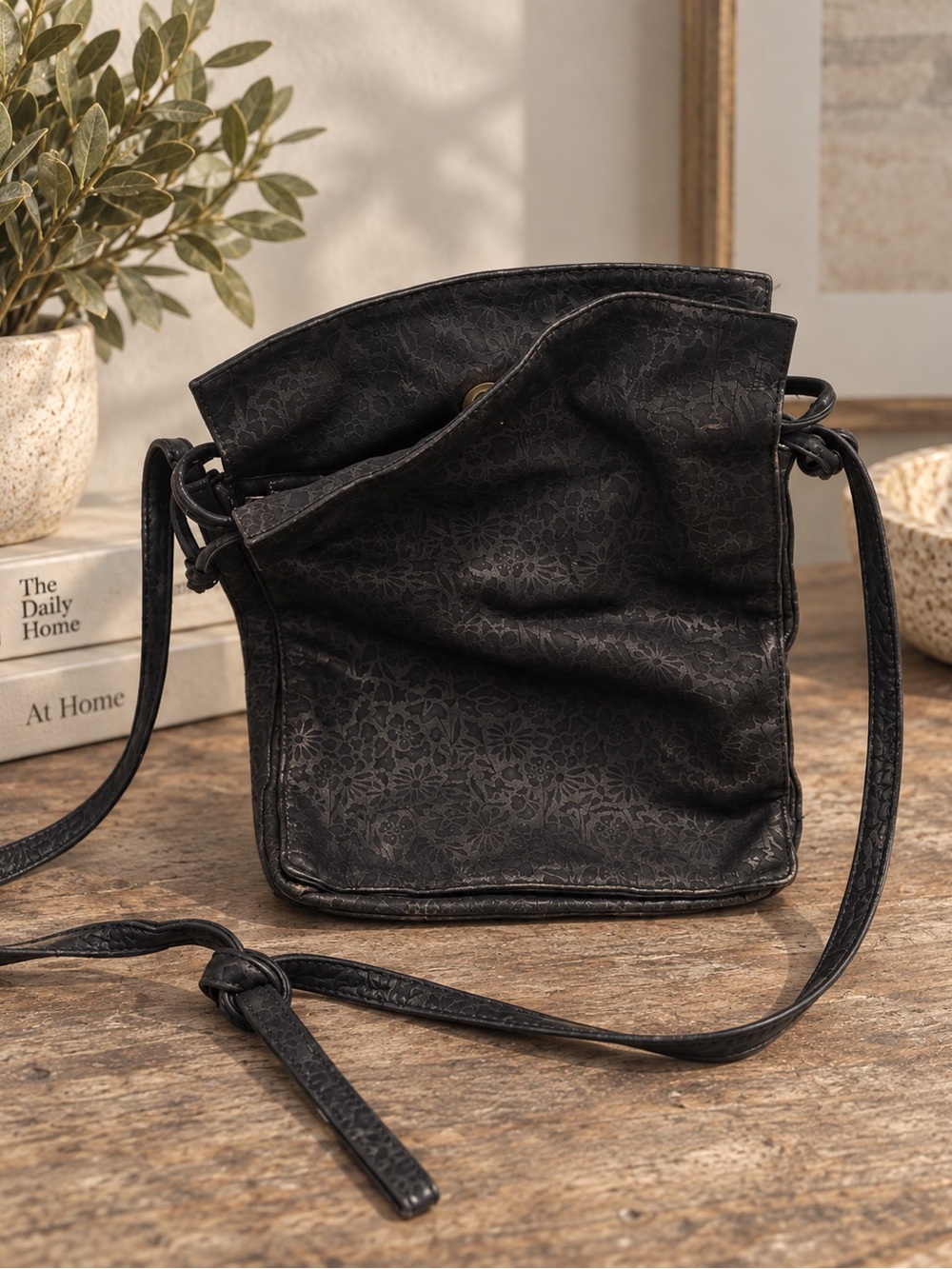 Whiting & Davis Black Floral-Embossed Crossbody Bag